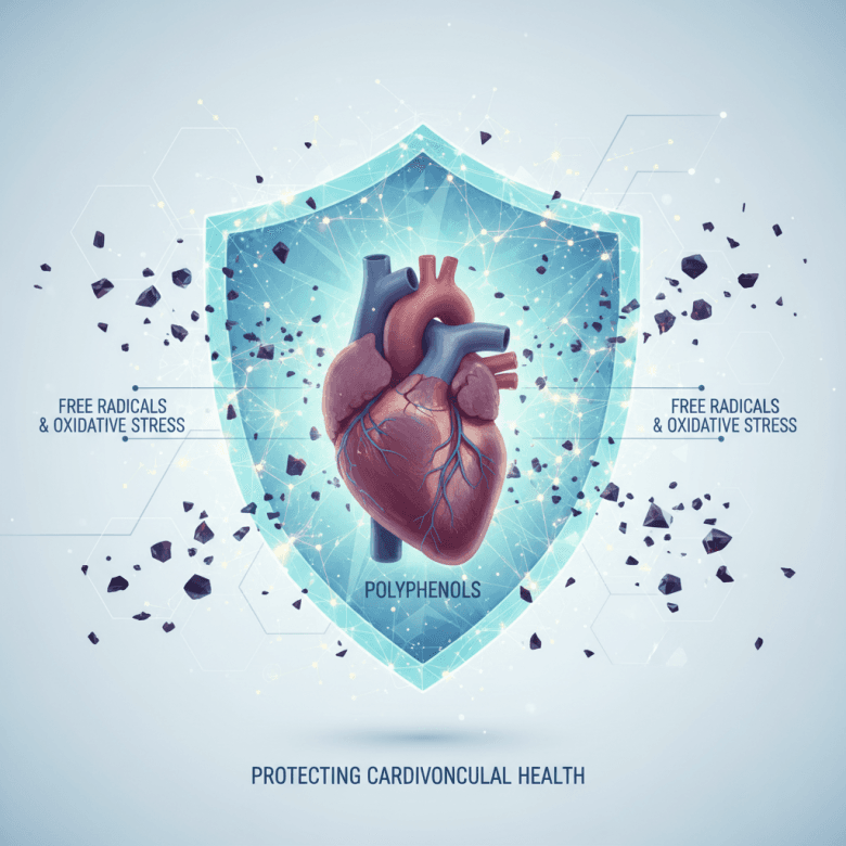 Hình ảnh minh họa khái niệm polyphenol hoạt động như một lá chắn bảo vệ trái tim con người khỏi sự tấn công của các gốc tự do và quá trình oxy hóa, phong cách y tế, khoa học, tươi sáng.