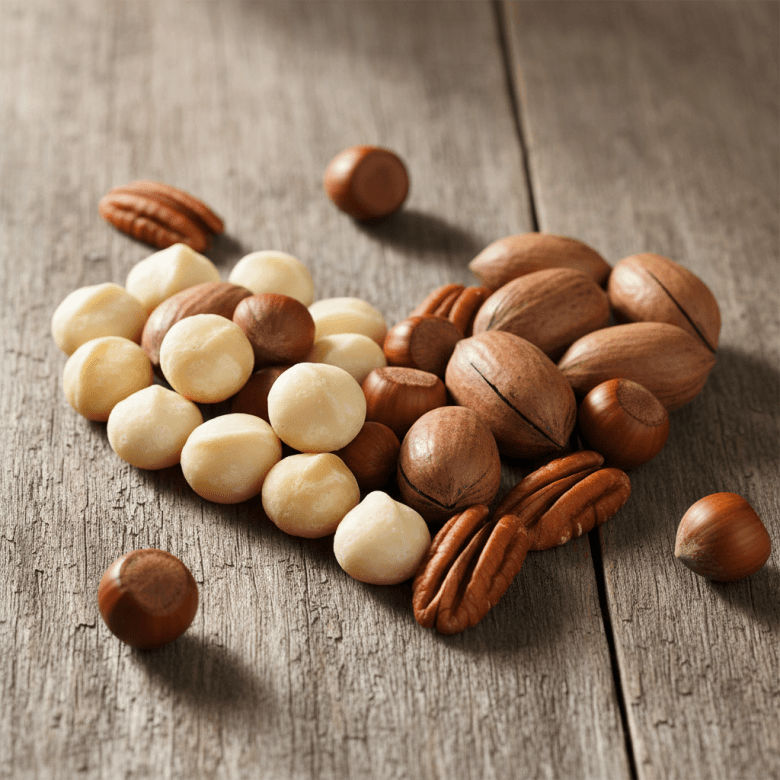 Các loại quả hạch tốt cho tim mạch như hạt mắc ca, hồ đào, hạt phỉ được sắp xếp đẹp mắt trên bàn gỗ