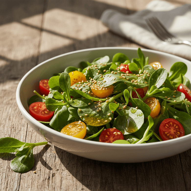 Một đĩa salad rau sam tươi ngon trộn với cà chua bi và dầu ô liu, đặt trên bàn ăn gỗ mộc mạc, ánh sáng tự nhiên, thể hiện sự tươi mới và dinh dưỡng.