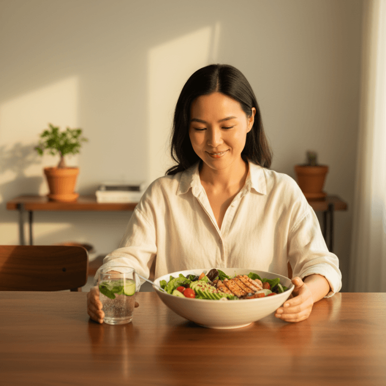 Một người phụ nữ mỉm cười nhẹ nhõm nhìn vào đĩa salad ngon lành, thể hiện sự cân bằng tâm lý và tha thứ cho bản thân sau khi ăn nhiều.