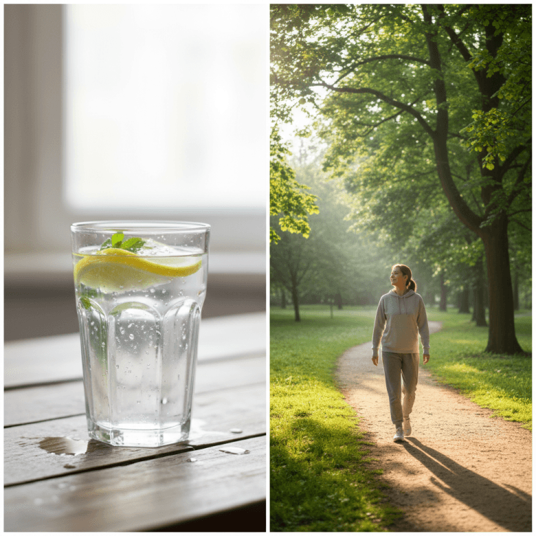 Hình ảnh minh họa uống nước lọc và đi bộ nhẹ nhàng trong công viên để giúp cơ thể phục hồi, thể hiện lối sống lành mạnh.