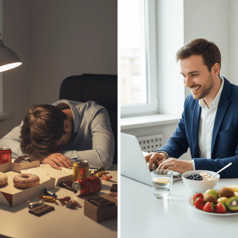 Hình ảnh so sánh: Một bên là người mệt mỏi gục xuống bàn bên cạnh đồ ngọt, một bên là người tràn đầy năng lượng bên cạnh bữa ăn lành mạnh.