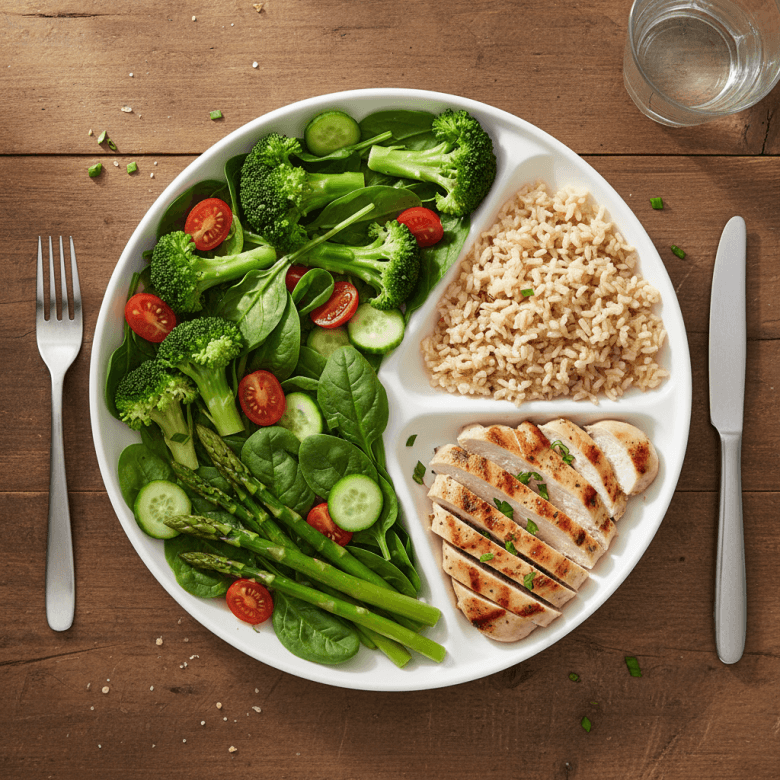 Một đĩa ăn cân bằng dinh dưỡng với 50% là rau xanh tươi mát, 25% là thịt nướng và 25% là cơm gạo lứt, thể hiện tỷ lệ vàng cho sức khỏe tim mạch.