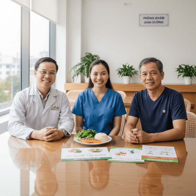 Bs và chuyên gia dinh dưỡng tư vấn cho bệnh nhân tim mạch về khẩu phần ăn cân bằng (TPHCM).