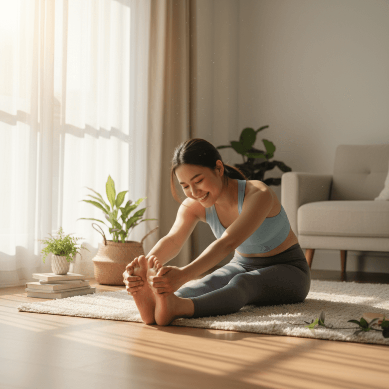 Người phụ nữ trẻ đang tập yoga nhẹ nhàng hoặc giãn cơ trong phòng khách, khuôn mặt thư giãn và vui vẻ, thể hiện lối sống lành mạnh.