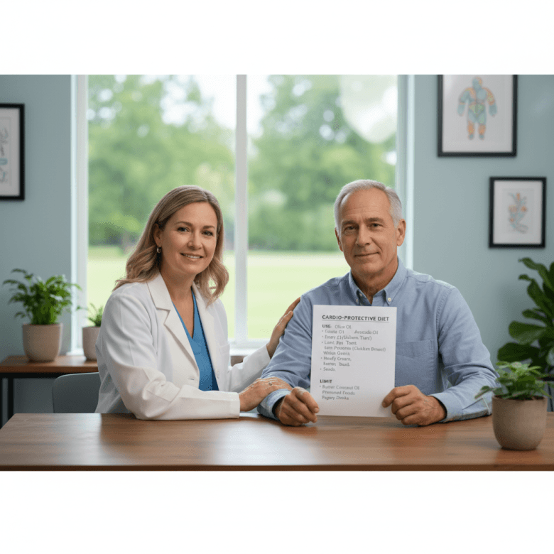 Bác sĩ tim mạch tư vấn bệnh nhân về chế độ ăn và loại dầu nên dùng