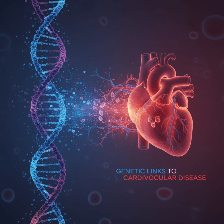 Cấu trúc DNA kết hợp hình ảnh trái tim, minh họa mối liên hệ giữa di truyền và bệnh tim mạch, phong cách y khoa hiện đại, màu xanh dương và đỏ chủ đạo