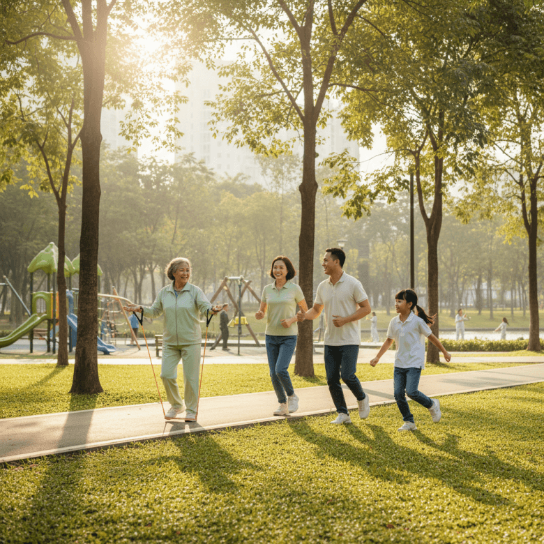 Gia đình ba thế hệ người Việt Nam (ông bà, cha mẹ, con cái) đang vui vẻ tập thể dục hoặc đi dạo trong công viên, thể hiện lối sống lành mạnh ngăn ngừa bệnh di truyền