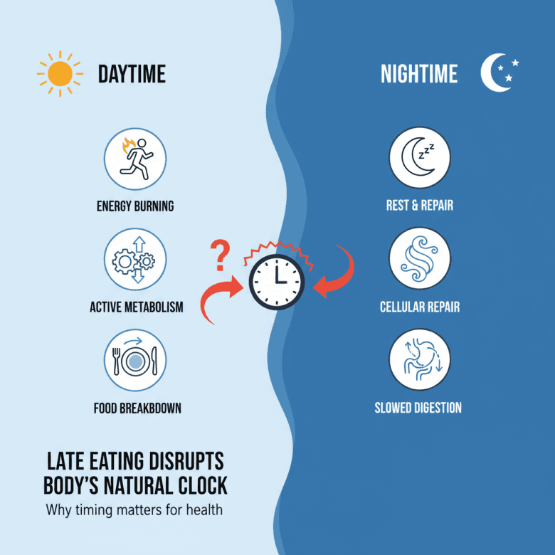 Hình minh họa so sánh cơ thể con người vào ban ngày và ban đêm, với biểu đồ nhịp sinh học cho thấy sự khác biệt trong quá trình trao đổi chất và tiêu hóa.