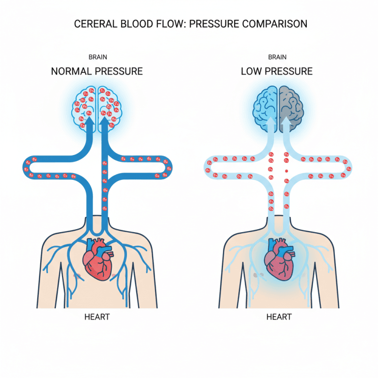 Hình minh họa y khoa đơn giản mô tả dòng máu lưu thông từ tim lên não, so sánh giữa áp lực bình thường và huyết áp thấp, phong cách hiện đại dễ hiểu.