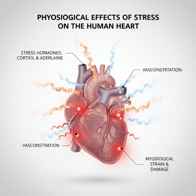 Minh họa cơ chế stress ảnh hưởng đến tim, hình ảnh giải phẫu cách điệu cho thấy hormone căng thẳng tác động lên mạch máu và tim.