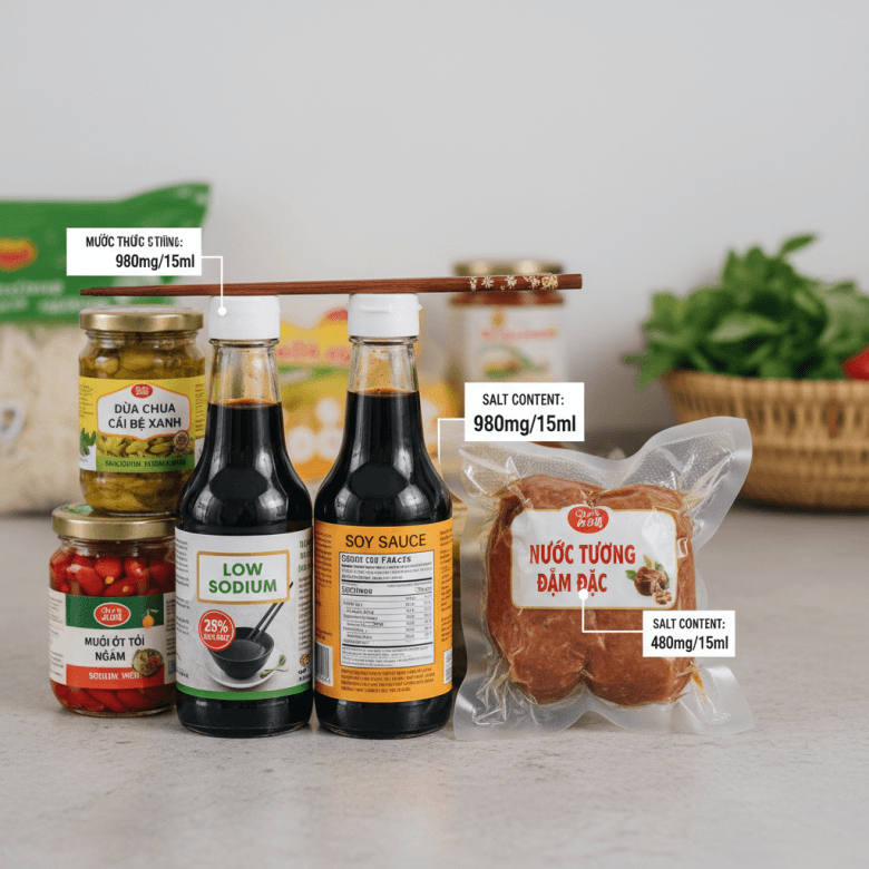 Nguồn muối ẩn trong thực phẩm chay Việt: nước tương, thực phẩm giả thịt đóng gói và đồ muối chua.