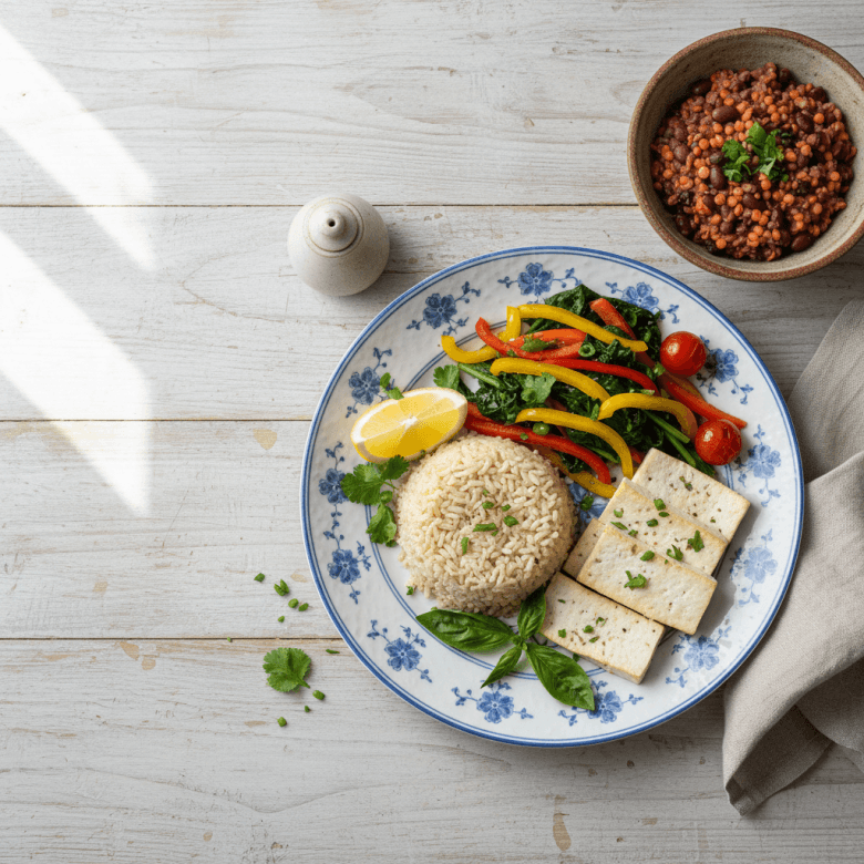 Đĩa ăn chay cân bằng cho người cao huyết áp: gạo lứt, đậu phụ, nhiều rau xanh, ít muối.