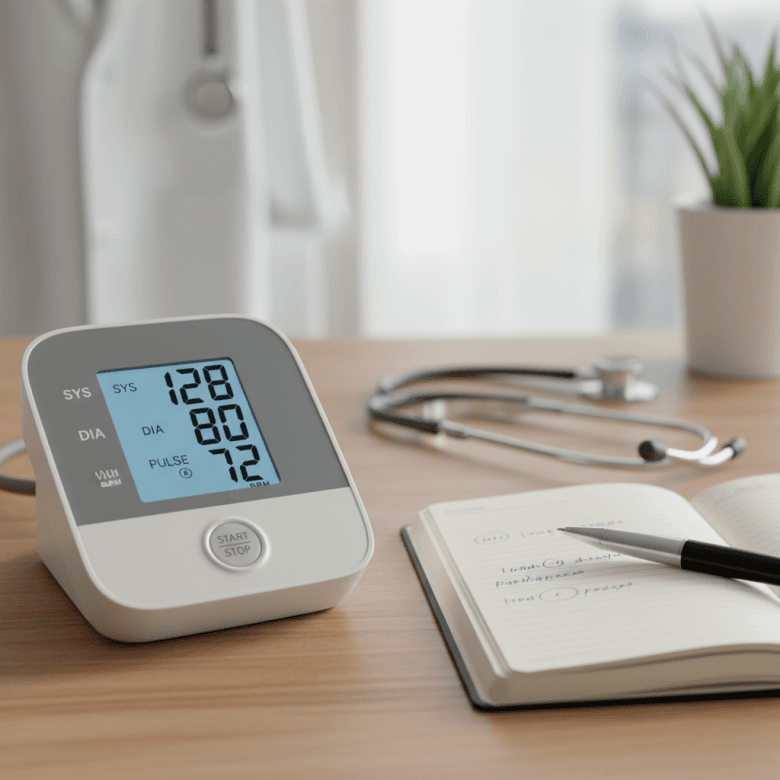 Cận cảnh máy đo huyết áp điện tử hiển thị chỉ số rõ ràng, bên cạnh là một cuốn sổ tay ghi chép nhật ký sức khỏe và một cây bút.