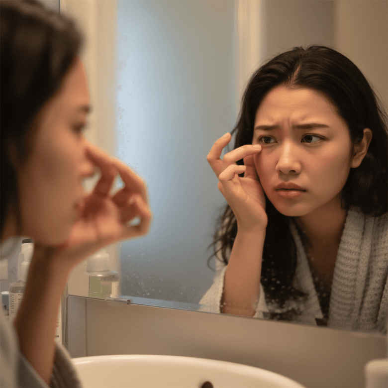 Cận cảnh khuôn mặt một người phụ nữ nhìn vào gương, lo lắng khi thấy mắt có vệt đỏ nhẹ hoặc mặt đỏ bừng, thể hiện dấu hiệu tinh tế của huyết áp cao.