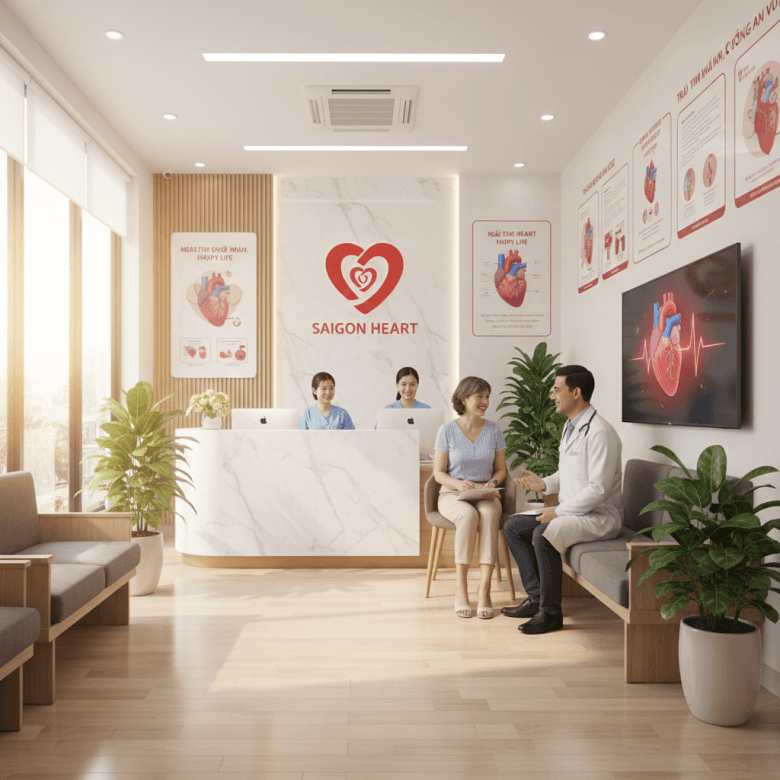 Phòng khám tim mạch hiện đại tại TP.HCM, bác sĩ đang tư vấn cho bệnh nhân trung niên