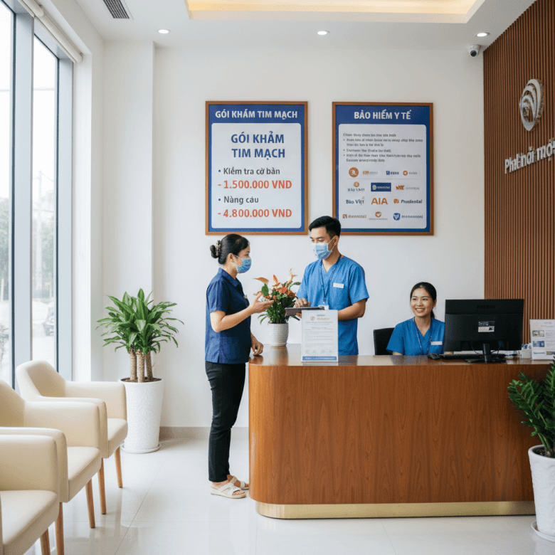 Bệnh nhân trao đổi chi phí khám tim mạch tại quầy tiếp nhận phòng khám (ảnh minh họa)