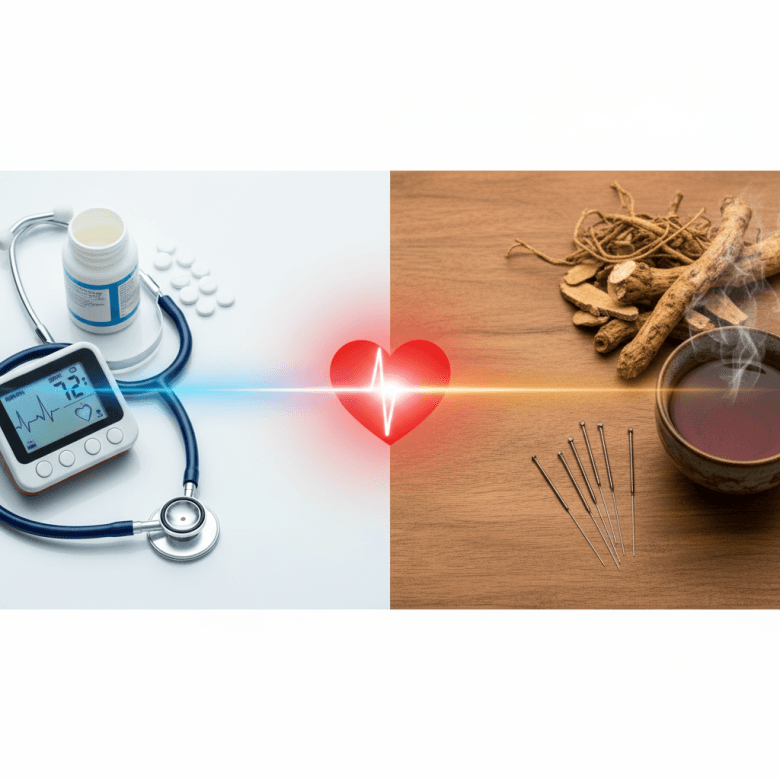 Hình ảnh minh họa sự kết hợp hài hòa giữa y học hiện đại và cổ truyền: Một bên là ống nghe y tế và thuốc tây, một bên là các thảo dược và kim châm cứu, được nối với nhau bằng biểu tượng trái tim khỏe mạnh.