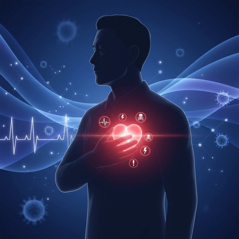 Hình minh họa bóng của một người đàn ông trung niên đang ôm ngực nhẹ, bên trong lồng ngực là hình ảnh trái tim phát sáng màu đỏ cảnh báo, thể hiện khái niệm bệnh tim thầm lặng và các nguy cơ tiềm ẩn bên trong cơ thể khỏe mạnh.