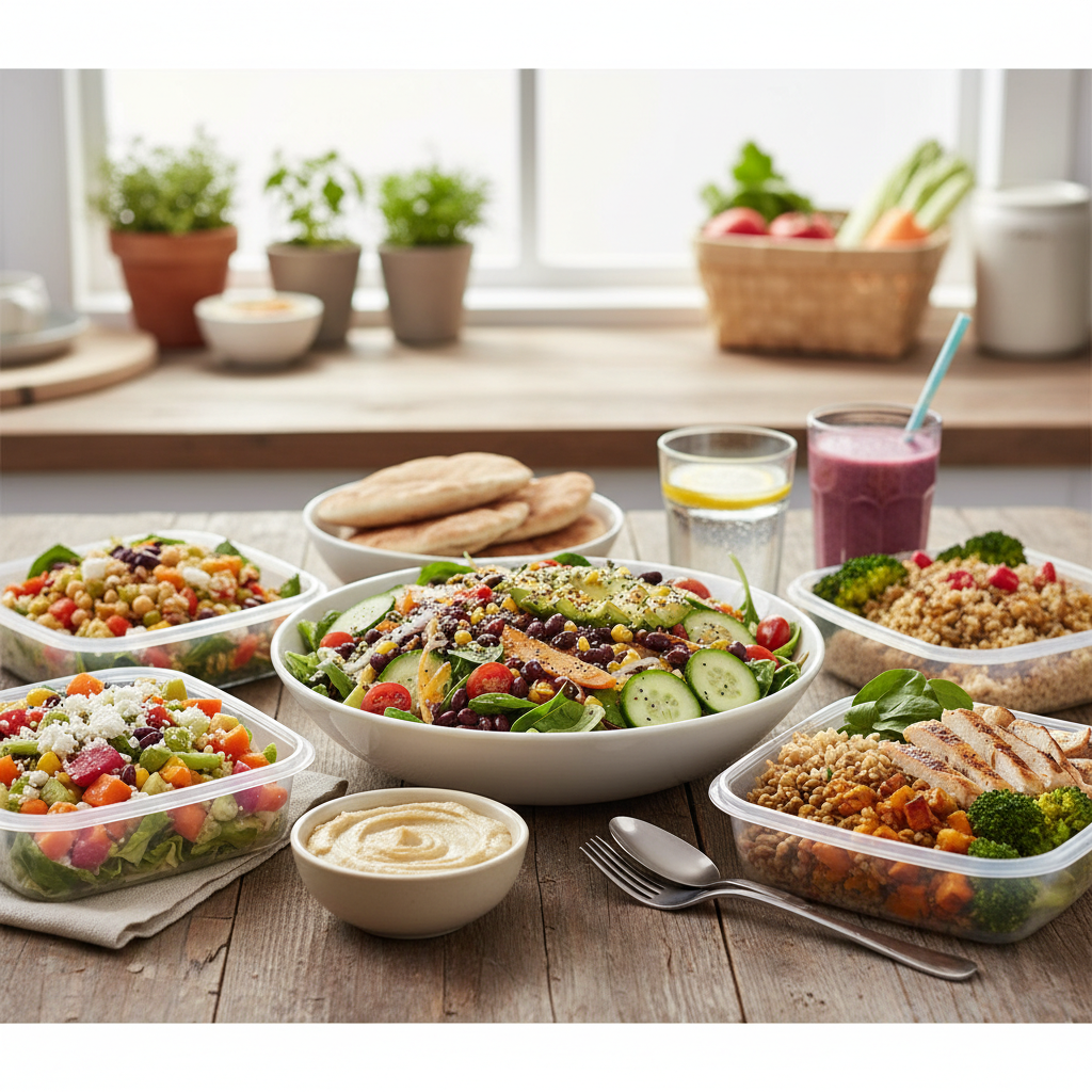 Bữa ăn lành mạnh giàu chất xơ, như salad với đậu và ngũ cốc nguyên hạt