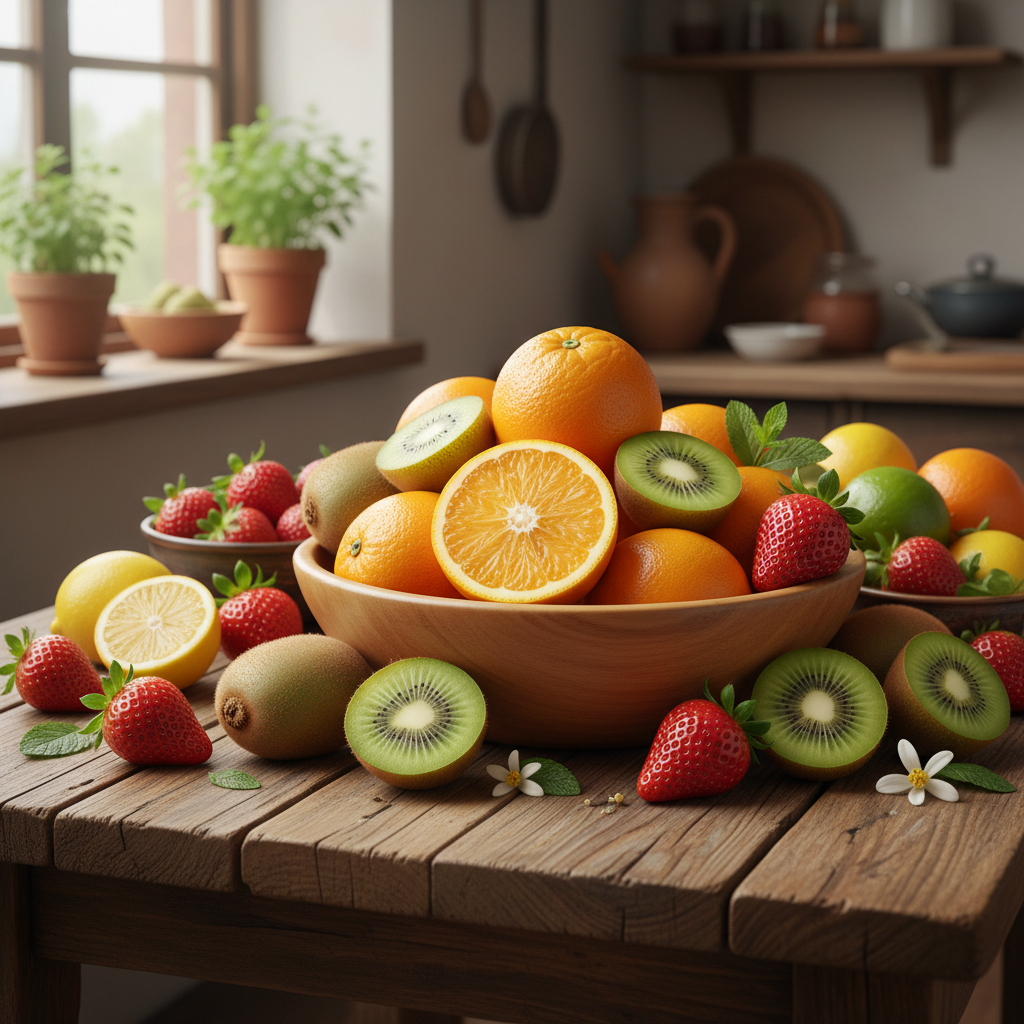 Một đĩa trái cây nhiều vitamin C như cam, kiwi, dâu tây trên bàn gỗ.