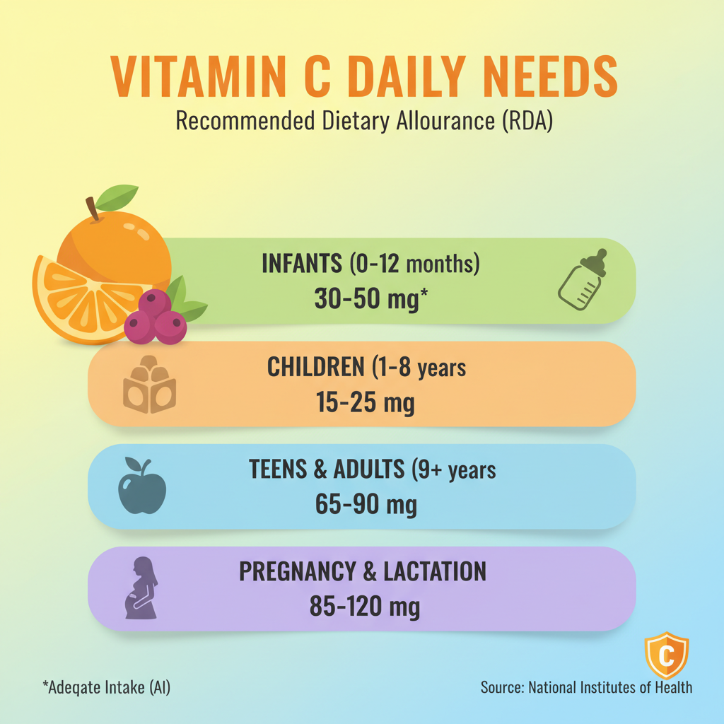 Infographic cho thấy nhu cầu vitamin C theo nhóm tuổi trên nền sáng.