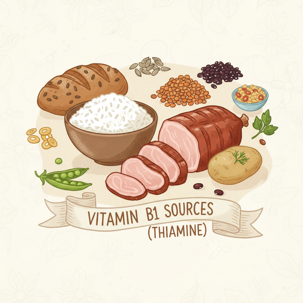 Các nguồn thực phẩm chứa vitamin B1 như gạo, thịt heo và đậu