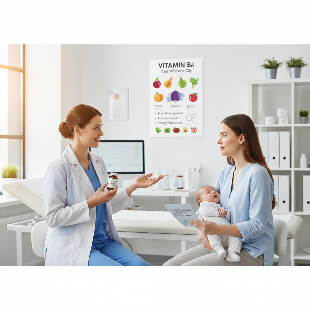 Người y tá thân thiện giải thích về tầm quan trọng của Vitamin B6 cho một bà mẹ có em bé trong môi trường phòng khám.
