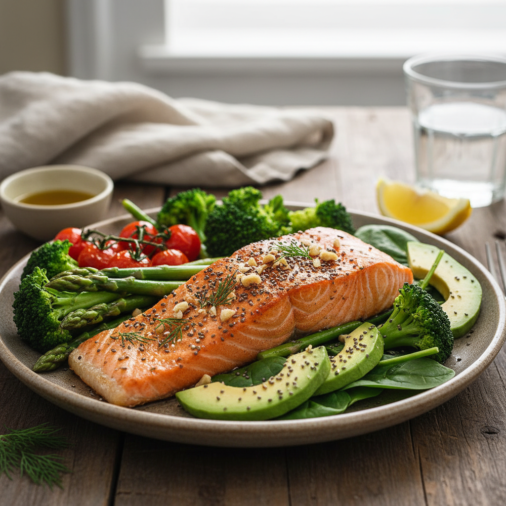 Đĩa cá hồi và rau củ, làm nổi bật các thực phẩm giàu Omega-3 tốt cho sức khỏe tim.