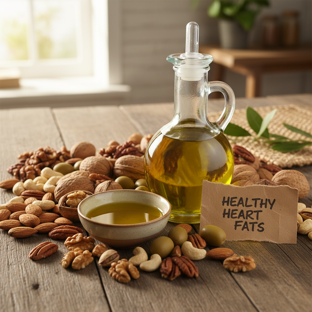Một lựa chọn các loại hạt và dầu olive, nhấn mạnh chất béo lành mạnh cho sức khỏe tim.