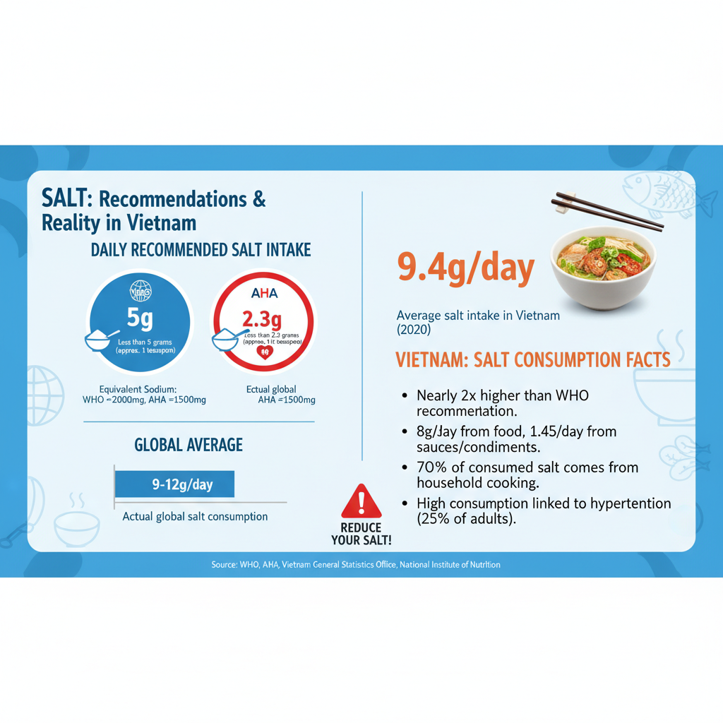 Một infographic chỉ ra lượng muối khuyến cáo của WHO và AHA cùng với số liệu về mức tiêu thụ muối ở Việt Nam.