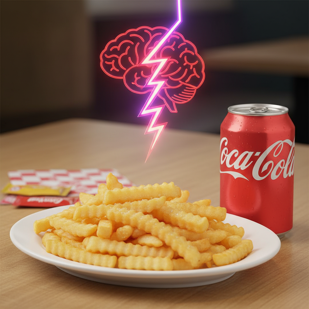 Đĩa thức ăn nhanh với khoai tây chiên và một lon Coca-Cola trên nền biểu tượng cơn đau đầu.