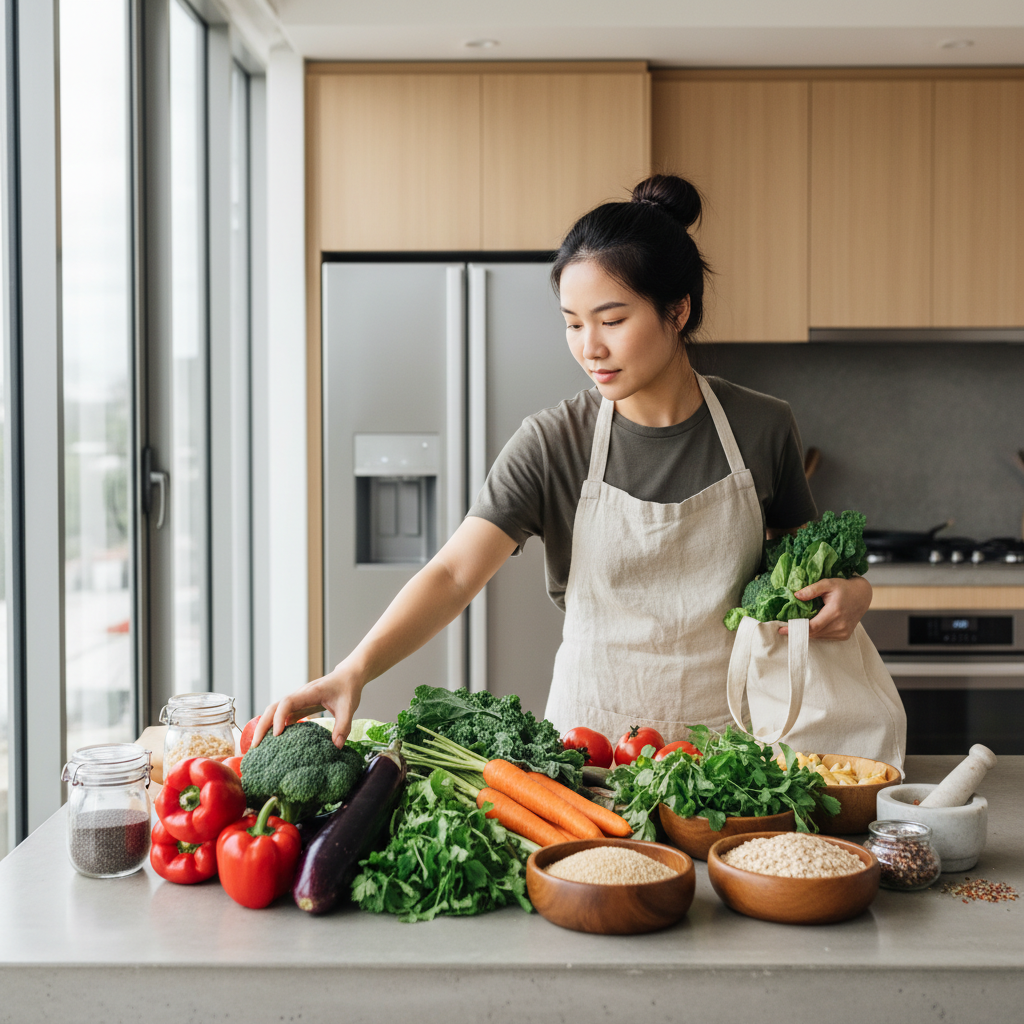 Người trẻ chọn rau củ và ngũ cốc nguyên hạt để chuẩn bị bữa ăn lành mạnh