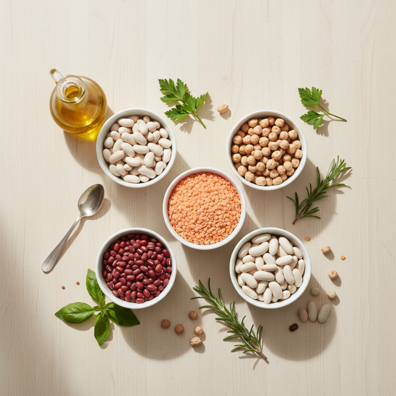 Các loại đậu ít biết: adzuki, đậu lăng đỏ, đậu gà, đậu trắng đặt trên bàn gỗ, kèm rau thơm và dầu ôliu.