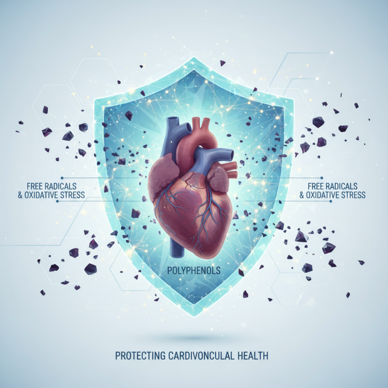 Hình ảnh minh họa khái niệm polyphenol hoạt động như một lá chắn bảo vệ trái tim con người khỏi sự tấn công của các gốc tự do và quá trình oxy hóa, phong cách y tế, khoa học, tươi sáng.