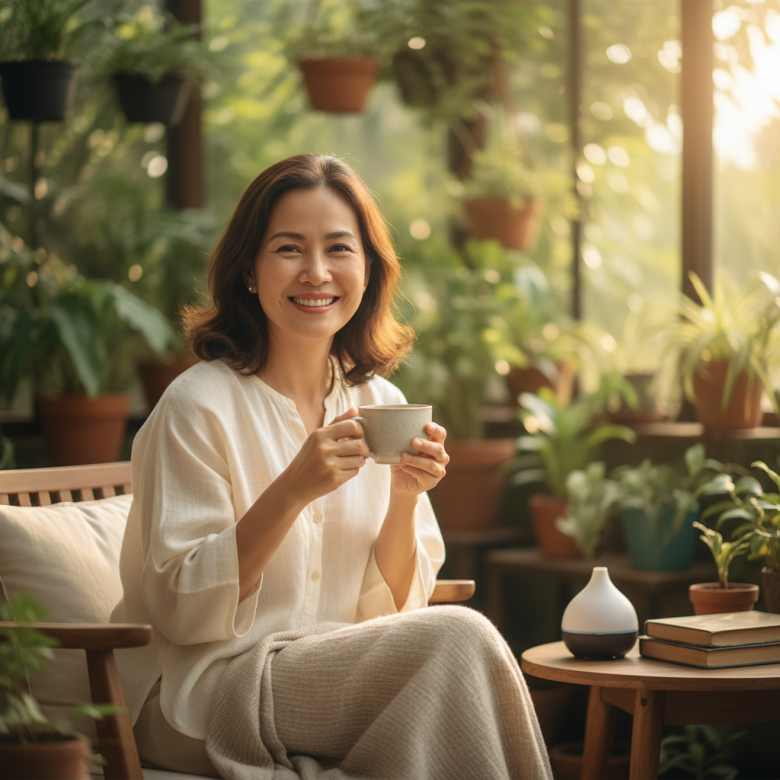 Hình ảnh một người phụ nữ Việt Nam trung niên đang vui vẻ thưởng thức một tách trà xanh trong không gian thư giãn, thể hiện lối sống lành mạnh và yêu thương bản thân.