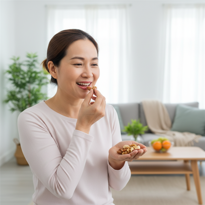 Một người phụ nữ Việt Nam trung niên đang vui vẻ ăn hạt ngũ cốc lành mạnh