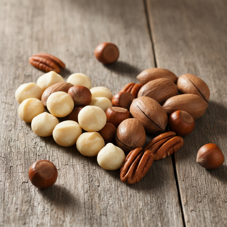 Các loại quả hạch tốt cho tim mạch như hạt mắc ca, hồ đào, hạt phỉ được sắp xếp đẹp mắt trên bàn gỗ