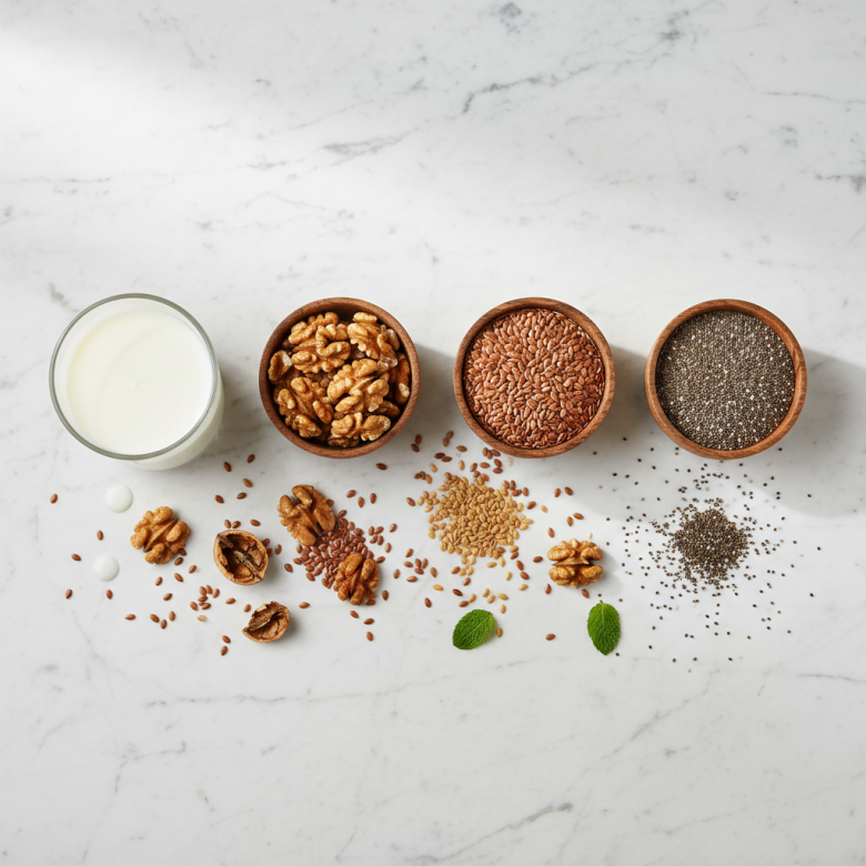 Hình ảnh sắp đặt nghệ thuật các loại hạt tốt cho tim mạch: quả óc chó, hạt lanh và hạt chia trong các bát gỗ nhỏ, bên cạnh là một ly sữa hạt, nền sáng sủa.