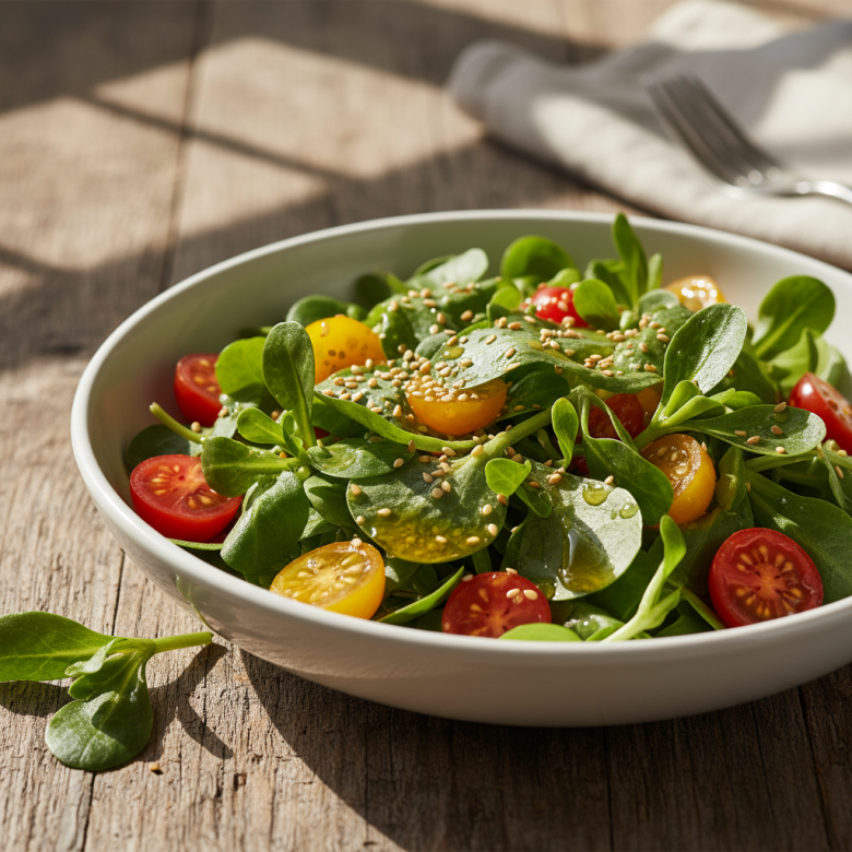 Một đĩa salad rau sam tươi ngon trộn với cà chua bi và dầu ô liu, đặt trên bàn ăn gỗ mộc mạc, ánh sáng tự nhiên, thể hiện sự tươi mới và dinh dưỡng.