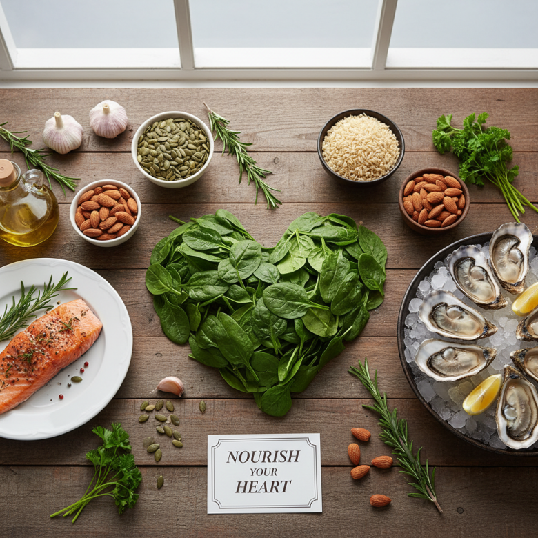 Các loại thực phẩm tự nhiên giàu magie và kẽm tốt cho tim mạch như rau xanh, hạt, cá hồi và hàu được sắp xếp đẹp mắt trên bàn gỗ