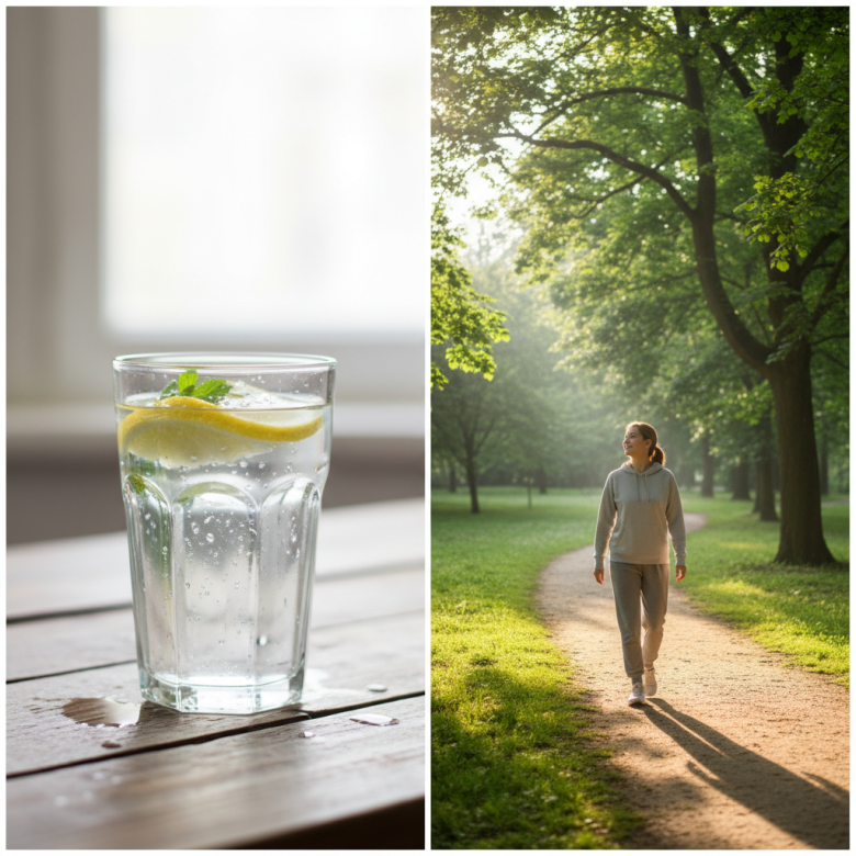 Hình ảnh minh họa uống nước lọc và đi bộ nhẹ nhàng trong công viên để giúp cơ thể phục hồi, thể hiện lối sống lành mạnh.