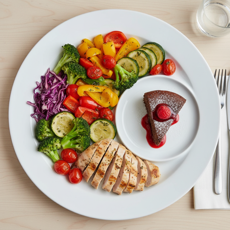 Bữa ăn theo quy tắc 80/20 với nhiều rau xanh và một phần nhỏ món ăn yêu thích, minh họa cho việc kiểm soát khẩu phần thông minh.