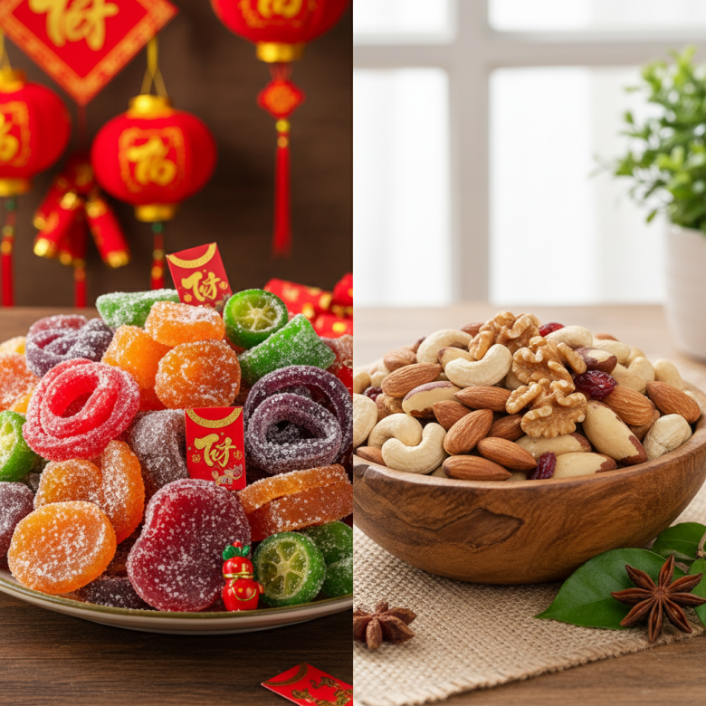 Khay mứt Tết truyền thống nhiều đường so sánh với khay hạt dinh dưỡng lành mạnh