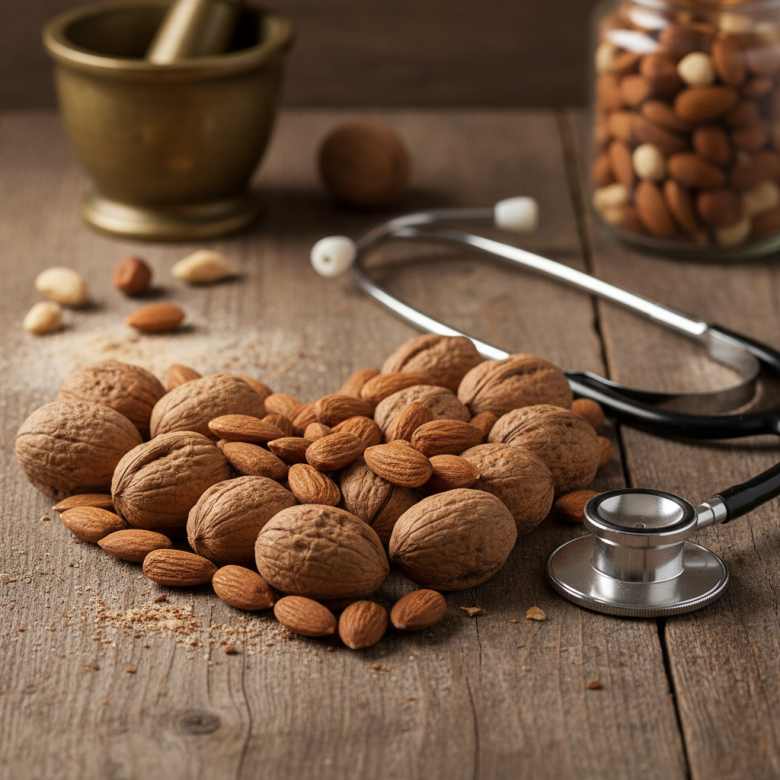 Hình ảnh hạt óc chó và hạnh nhân xếp hình trái tim biểu tượng sức khỏe tim mạch