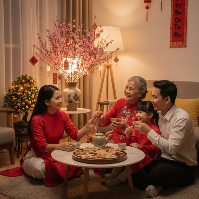 Gia đình Việt Nam vui vẻ thưởng thức trà và hạt dinh dưỡng ngày Tết