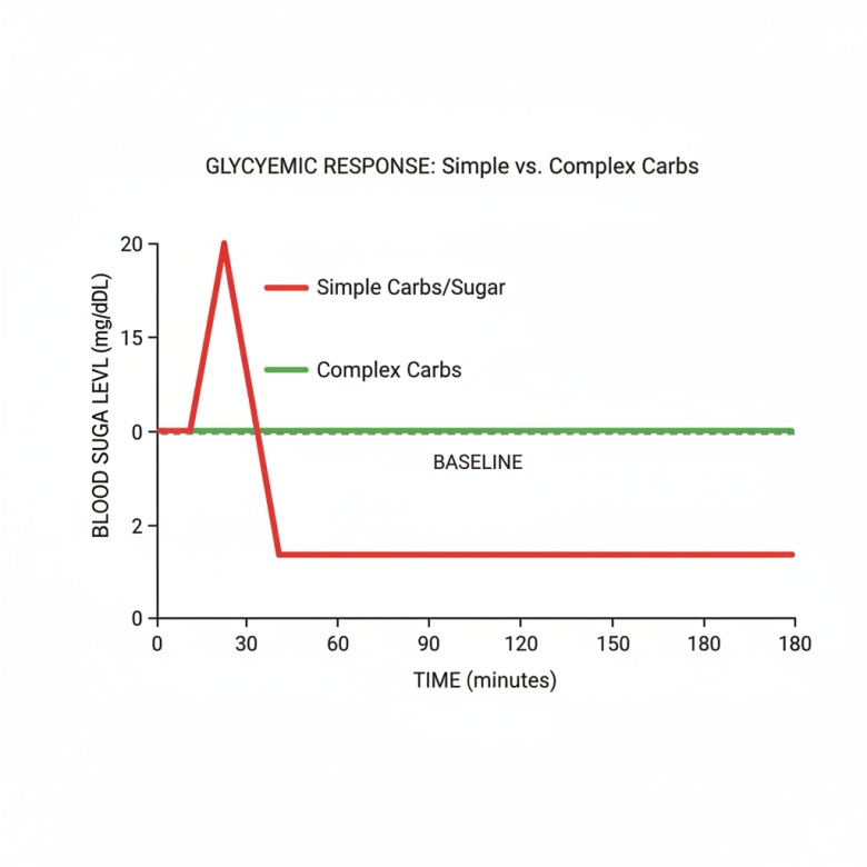 Biểu đồ minh họa sự thay đổi đường huyết: đường màu đỏ tăng vọt rồi giảm sâu gây mệt mỏi, đường màu xanh ổn định duy trì năng lượng.