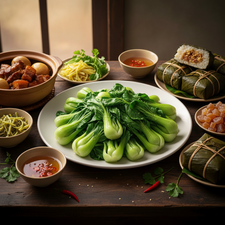 Mâm cỗ ngày Tết truyền thống Việt Nam với sự cân bằng giữa các món thịt kho, bánh chưng và đĩa rau cải luộc xanh mướt, tươi ngon, ánh sáng tự nhiên ấm áp.