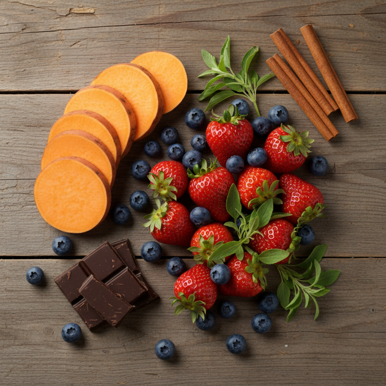 Sắp đặt nghệ thuật các loại thực phẩm thay thế đường: quả mọng, cỏ ngọt stevia, khoai lang, socola đen và quế trên bàn gỗ.