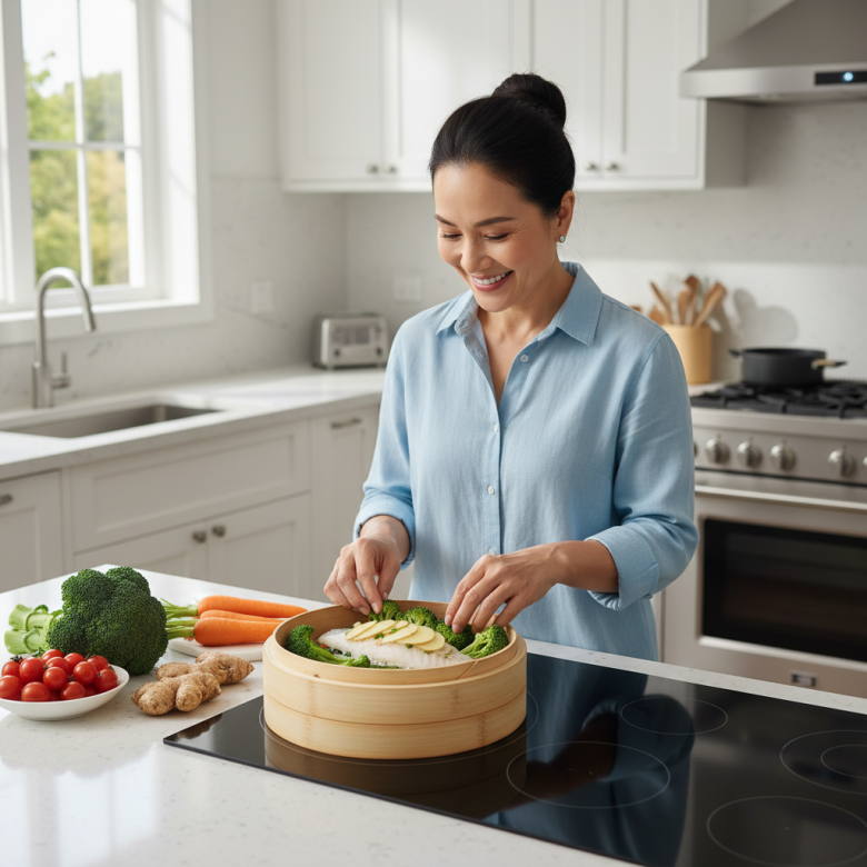 Người phụ nữ đang nấu ăn trong bếp sáng sủa, chuẩn bị món cá hấp với gừng và hành lá, nụ cười hạnh phúc, thể hiện lối sống lành mạnh cho tim mạch.
